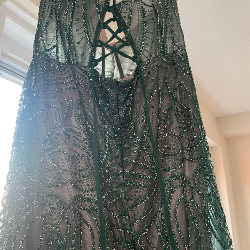 Emerald Sequin & Feather Gown Size 14, Worn Once - image 4